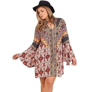 Umgee Daydream Believer Red Multi Printed Boho Bell Sleeves Hipster Dress Small